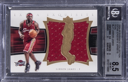 2004-05 UD "Exquisite Collection" Extra Exquisite Jerseys Dual #LJ1 LeBron James Dual Jersey Card (#10/10) - BGS NM-MT+ 8.5